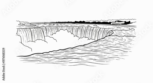 A dramatic waterfall plunges into a turbulent river with a distant building