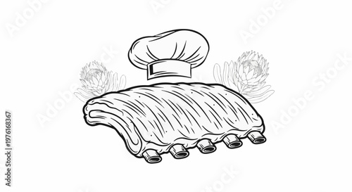 A drawing of a rack of ribs topped with a chef's hat and surrounded by flowers