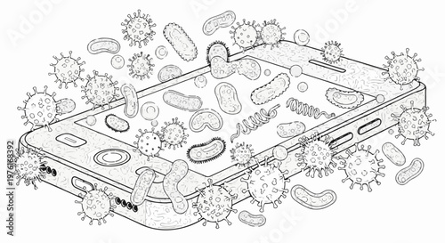 A drawing of a smartphone surrounded by various microorganisms like bacteria and viruses