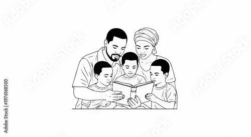 A family of five, parents and three children, gathered around a book