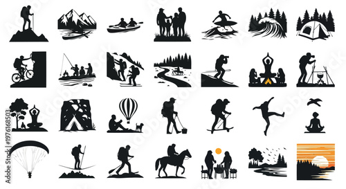 A diverse collection of outdoor activities and nature adventures illustrated in silhouette style Vector