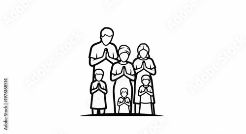 A family of five, two adults and three children, stand together with hands clasped in prayer
