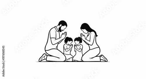 A family of four kneels in prayer, with hands pressed together