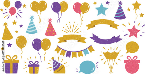 Birthday party vector set with cake balloons hats gifts and celebration icons illustration design