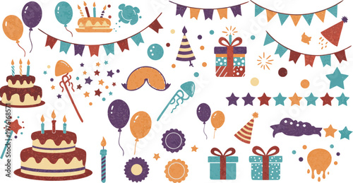 Colorful birthday party decorations and treats illustration