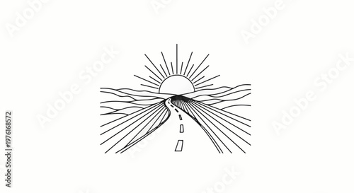 A drawn road curves towards a sunburst over rolling hills