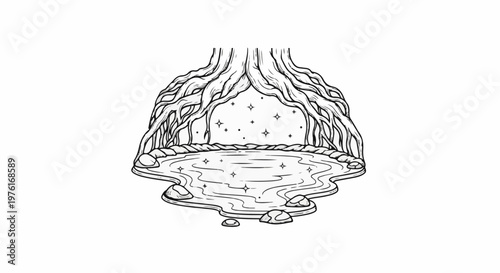 A fantastical woodland pool beneath twisting tree roots with shimmering stars