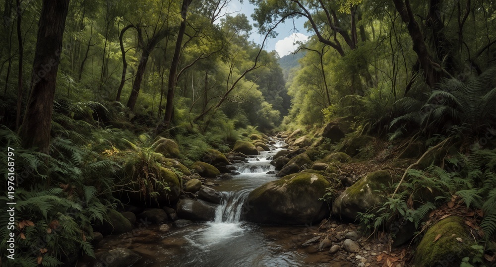 Fototapeta premium Serene forest stream flowing over mossy rocks in lush green woodland