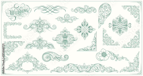 Ornate vintage frames and scroll elements. Classic calligraphy swirls, swashes, floral motifs. Good for greeting cards, wedding invitations, restaurant menu, royal certificates and graphic design.
