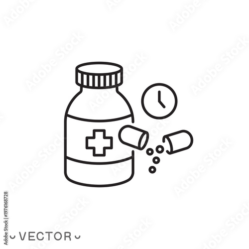 time taking dose medication icon, ingestion tablets reminder, thin line symbol isolated on white background, editable stroke eps 10 vector illustration