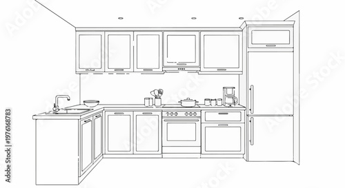 A hand-drawn sketch of a modern kitchen interior with appliances and cabinetry