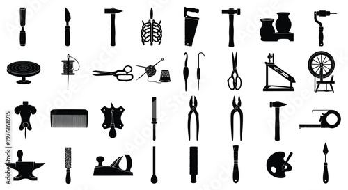 Historical and modern tools and implements collection displayed in icon form Vector