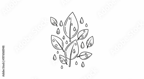 A hand-drawn sketch of leaves with falling raindrops
