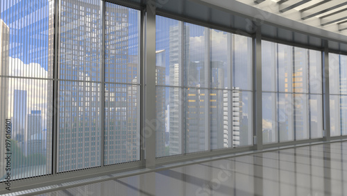 Panoramic windows with vertical blinds in the hall of an office building overlooking high-rise buildings on a sunny day. 3d illustration