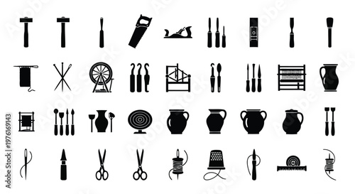 Historical depiction of ancient tools and household items in icon form Vector