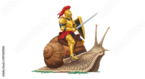A medieval knight in golden armor rides a giant snail with a sword and shield