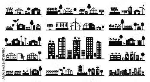 Diverse urban and rural landscapes with varying architectural styles and green energy sources Vector