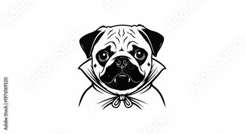 A black and white illustration of a pug wearing a cape and bow