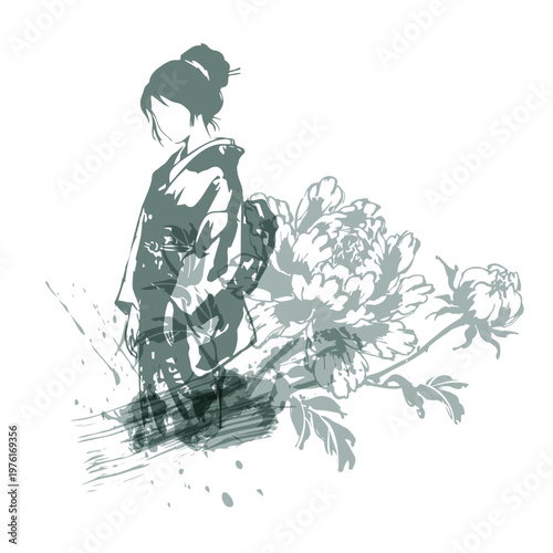 kimono woman abstract brush japanese chinese vector ink traditional asian design isolated