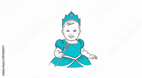 A happy baby in a turquoise princess dress and crown holds a wand