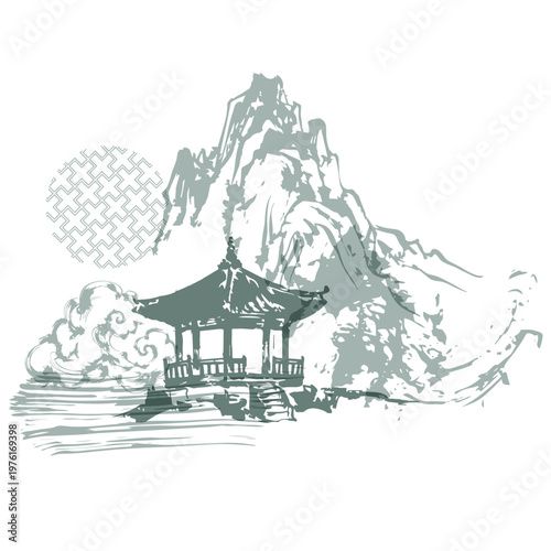 pagoda alcove mountains abstract brush japanese chinese vector ink traditional asian design isolated