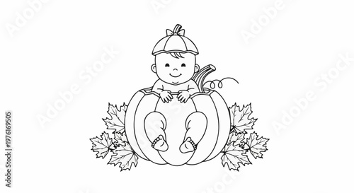 A happy baby sits in a pumpkin with autumn leaves