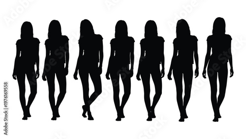 A row of seven female silhouettes walking towards the viewer on a white background