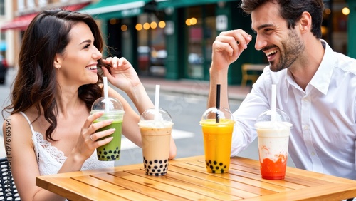 Two people are sitting at a wooden table outdoors. They are drinking bubble tea and smiling at each other. The street has shops and cafes around them. It is a sunny day