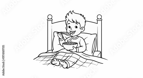 A happy boy eating cereal from a bowl in bed