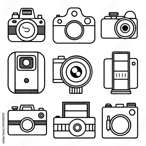 Collection of vintage and modern camera illustrations in black and white