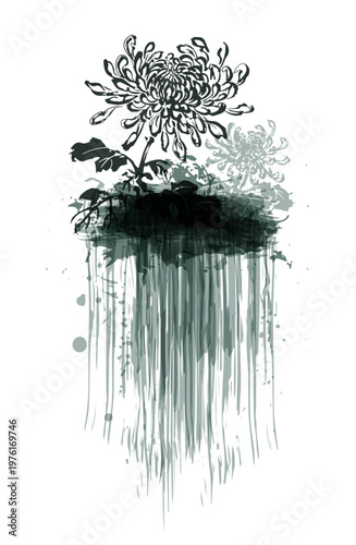 chrysanthemum flower abstract brush japanese chinese vector ink traditional asian design isolated