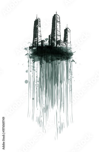 city buildings scape abstract brush japanese chinese vector ink traditional asian design isolated
