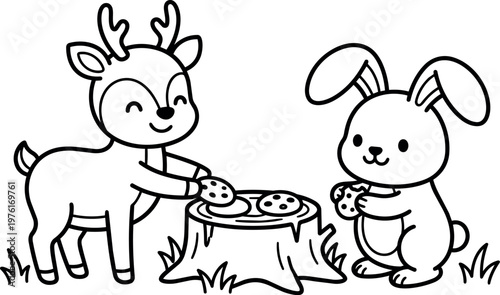 Cute deer and bunny sharing cookies around tree stump outdoors vector art
