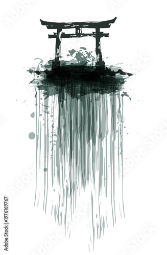 tori gate shintoism abstract brush japanese chinese vector ink traditional asian design isolated
