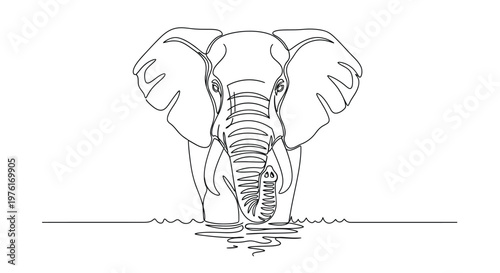 Line drawing of an elephant standing in water with line art white background gentle giant