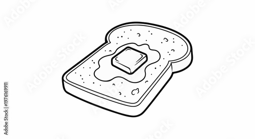 A black and white illustration of a single slice of toast with a square of butter melting on top