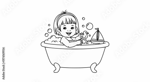 A happy child enjoys a bubbly bath with a toy duck and sailboat
