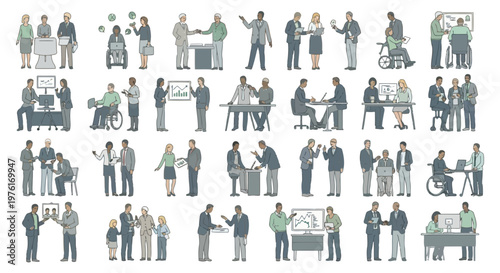 Diverse scenarios of professional and social interactions in an office setting Vector