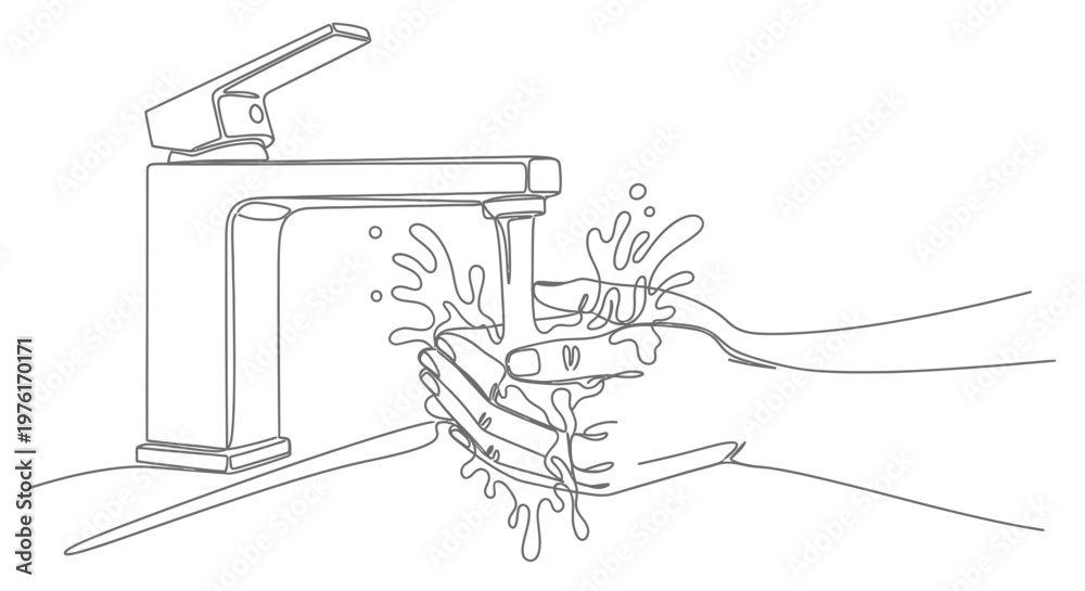 Obraz premium Washing hands under running water from modern faucet with hand washing daily routine line art