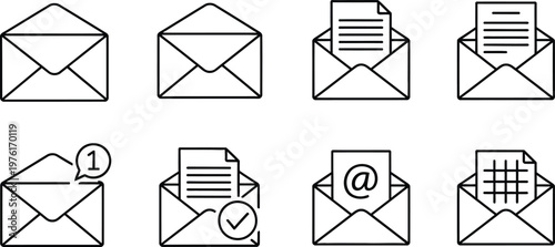 Collection of black and white envelope icons and symbols