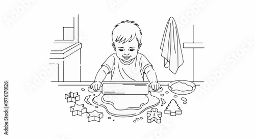 A happy child rolls out dough with a rolling pin surrounded by cookie cutters