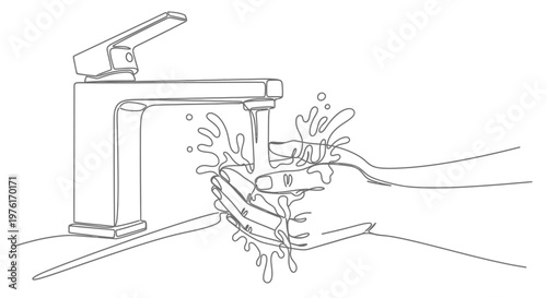 Washing hands under running water from modern faucet with hand washing daily routine line art