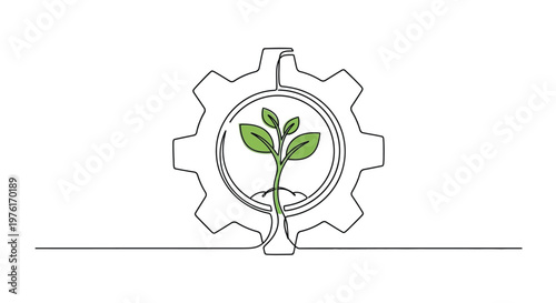 Green sprout growing inside a gear with renewable energy line art eco friendly green growth