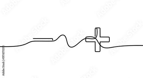 Heartbeat line with plus and minus symbols single line drawing line art white background
