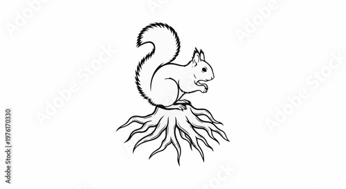 A black and white illustration of a squirrel perched on a cluster of stylized roots