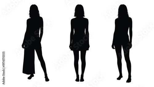 Silhouettes of three women standing in different poses against a white background