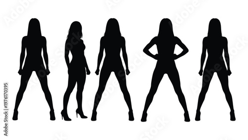 Silhouettes of five women in varying poses against a stark white background