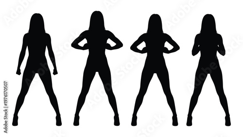 Four silhouetted women in dynamic poses against a stark white background