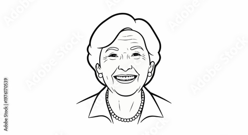 A black and white line drawing portrait of an older woman with short hair and a necklace