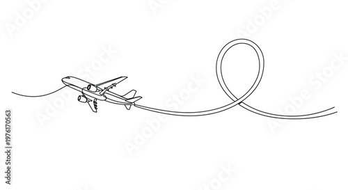 Airplane performing a in the sky depicted as line art air travel airplane illustration